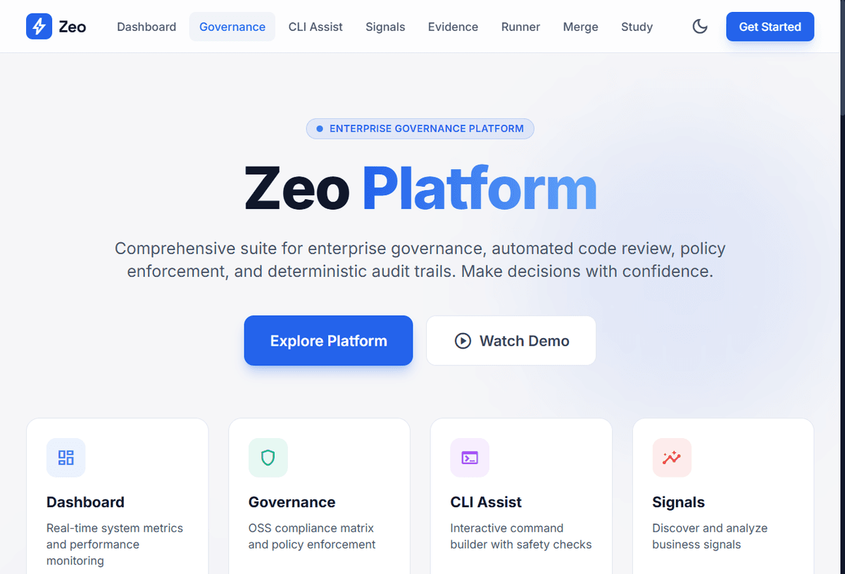 Zeo governance dashboard showing policy compliance and health metrics