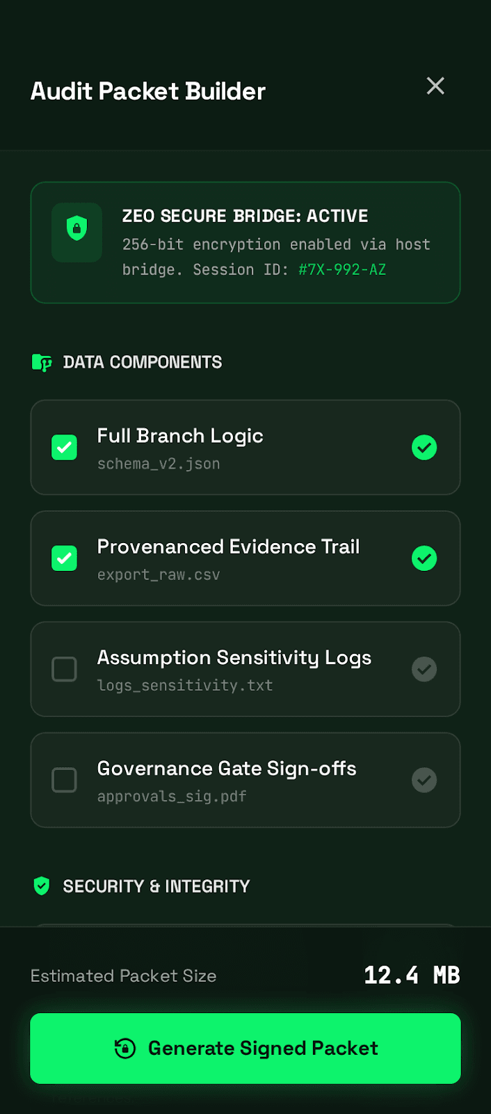 Audit packet builder showing signed evidence bundles with provenance metadata
